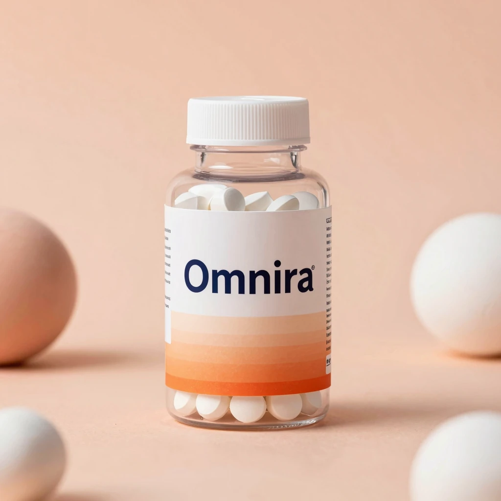 Omnira supplement bottle with gradient label on soft peach glow background